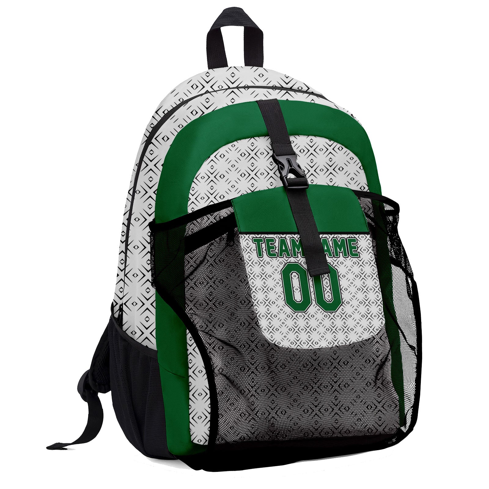 Customize Green White Backpacks Featuring Personalized Names, Numbers and Logos