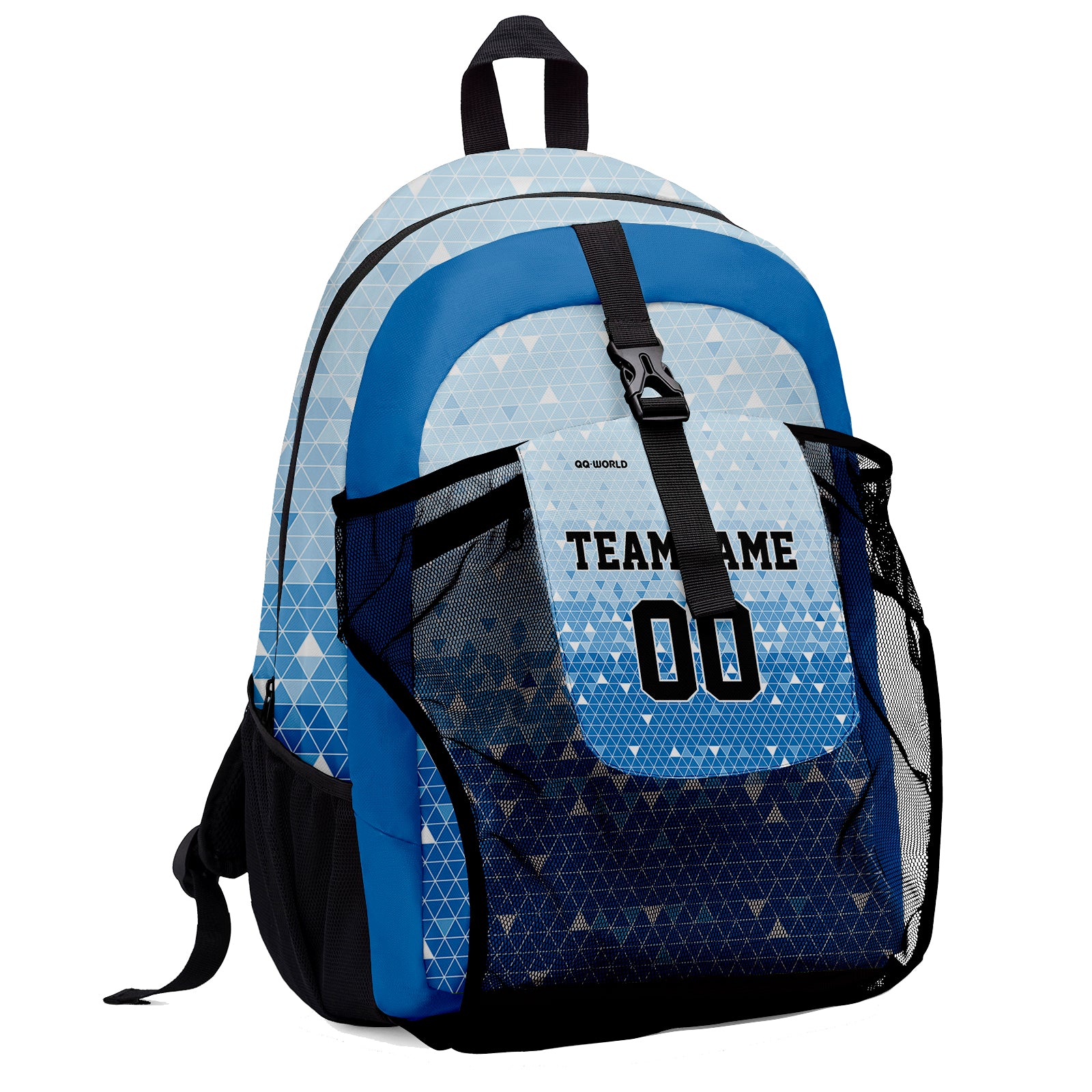 Customize Light Blue Black Sports Backpacks Featuring Personalized Names, Numbers and Logos