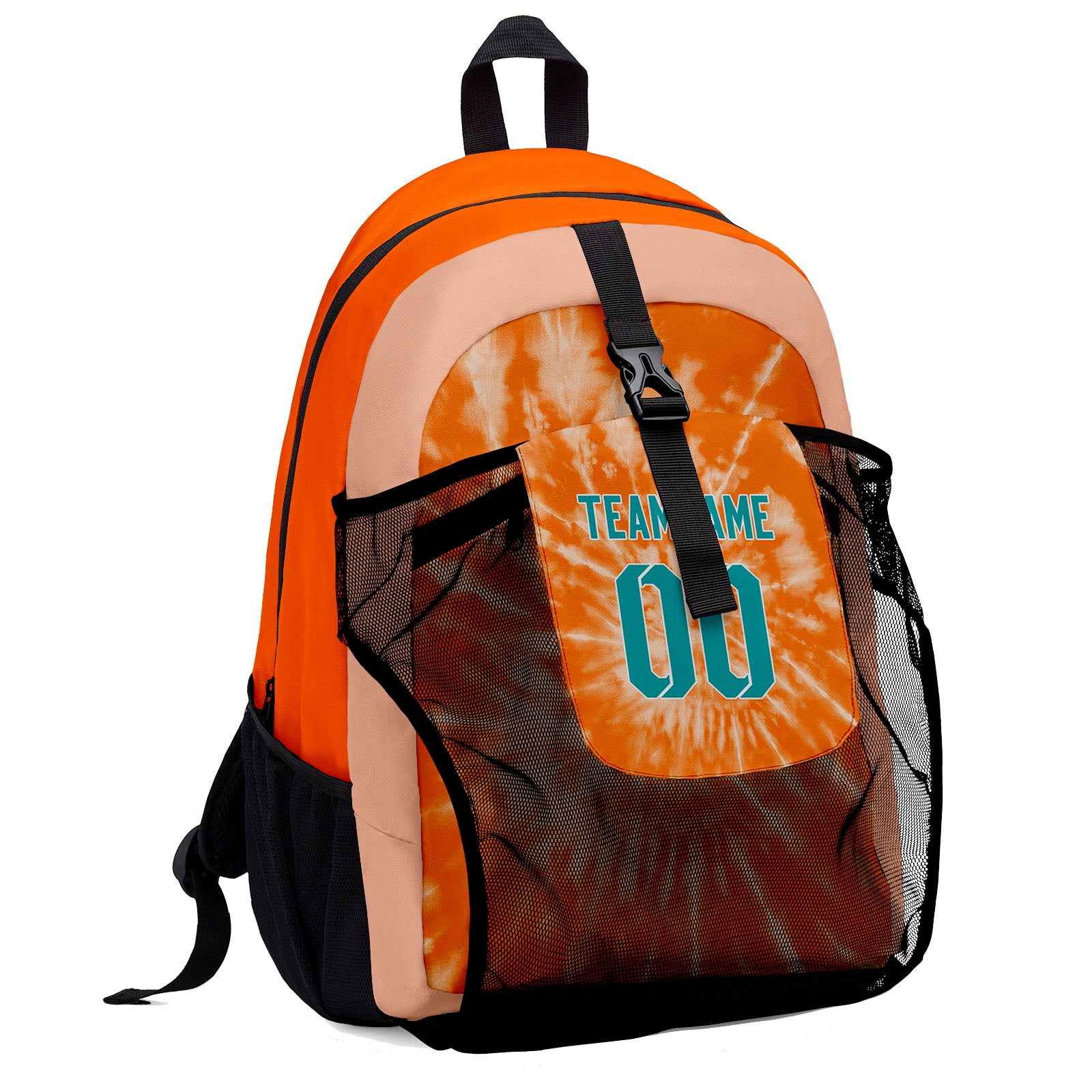 Customize Orange Teal Sports Backpacks Featuring Personalized Names, Numbers and Logos