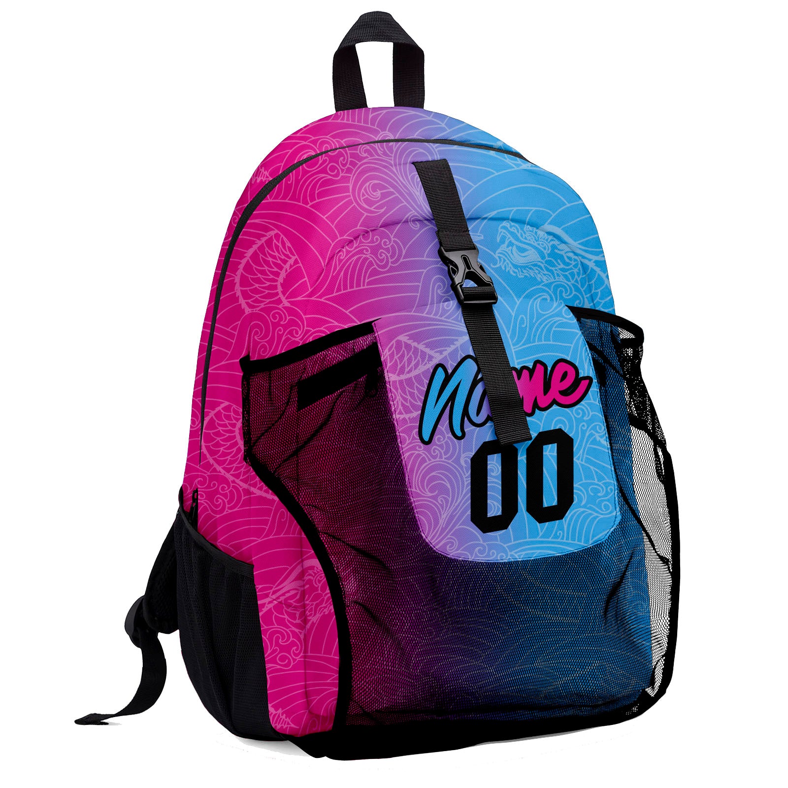 Customize Light Blue Pink Sports Backpacks Featuring Personalized Names, Numbers and Logos