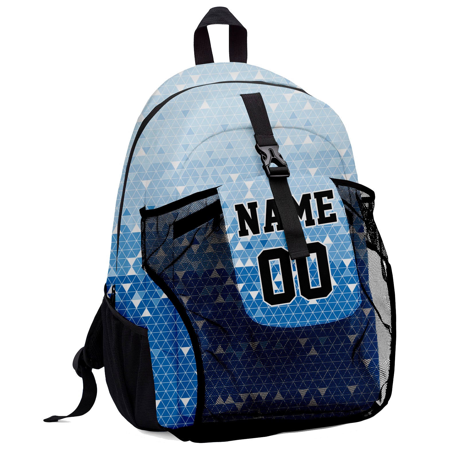 Customize Light Blue Black Sports Backpacks Featuring Personalized Names, Numbers and Logos