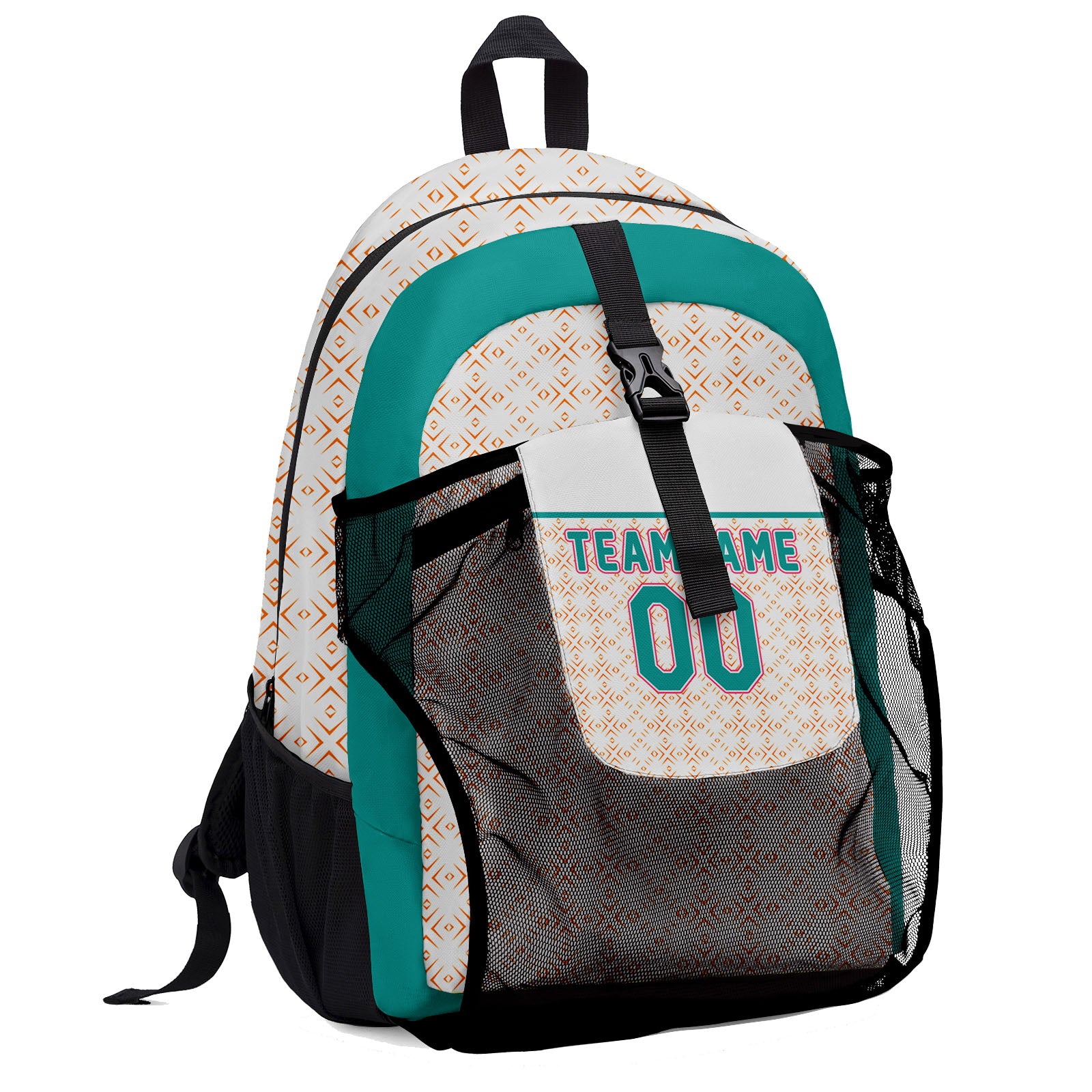 Customize White Orange Teal Backpacks Featuring Personalized Names, Numbers and Logos
