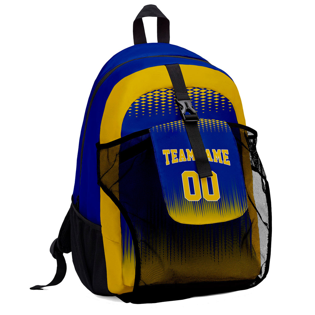 Customize Blue Yellow Sports Backpacks Featuring Personalized Names, Numbers and Logos