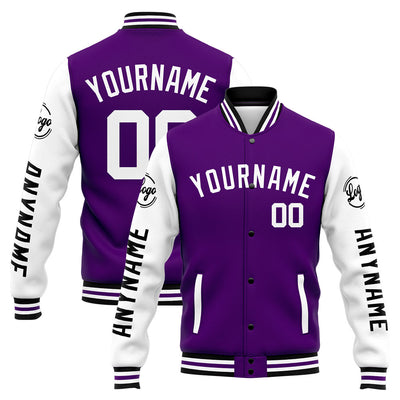 Custom Varsity Jacket Letterman Jacket For Men, Women And Youth Purple White