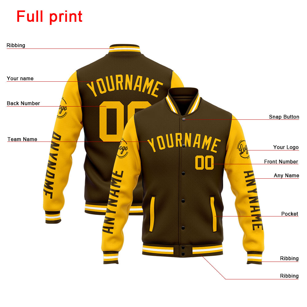 Custom Varsity Jacket Letterman Jacket For Men, Women And Youth Brown Yellow