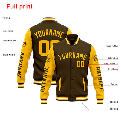 Custom Varsity Jacket Letterman Jacket For Men, Women And Youth Brown Yellow