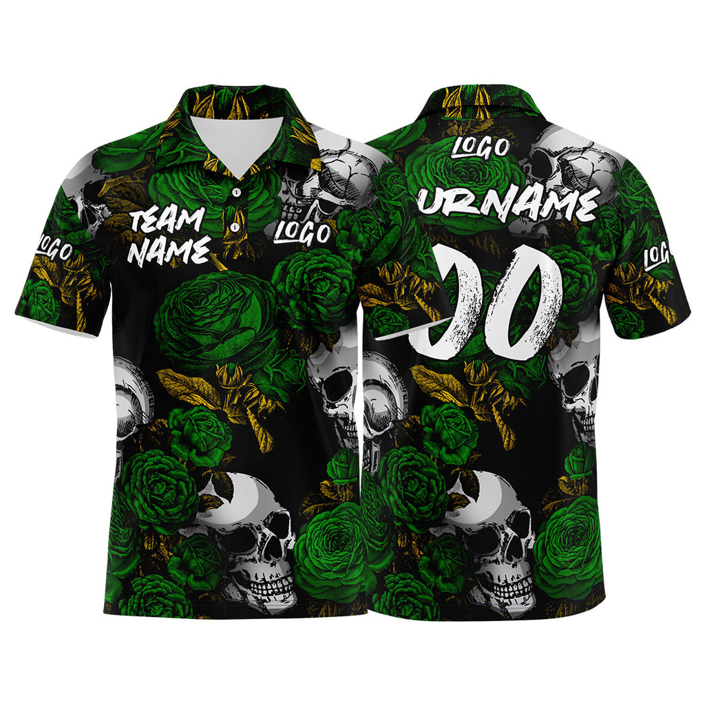 Custom Rose Skull-Green&Yellow Football Polo Shirts Add Your Unique Logo/Name/Number
