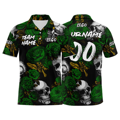 Custom Rose Skull-Green&Yellow Football Polo Shirts Add Your Unique Logo/Name/Number