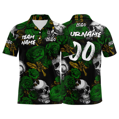 Custom Rose Skull-Green&Yellow Football Polo Shirts Add Your Unique Logo/Name/Number