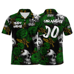 Custom Rose Skull-Green&Yellow Football Polo Shirts Add Your Unique Logo/Name/Number