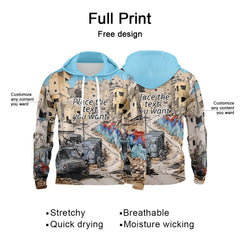 Custom Light Blue 3D Pattern Design Bomber Full-Snap Varsity  Hoodie