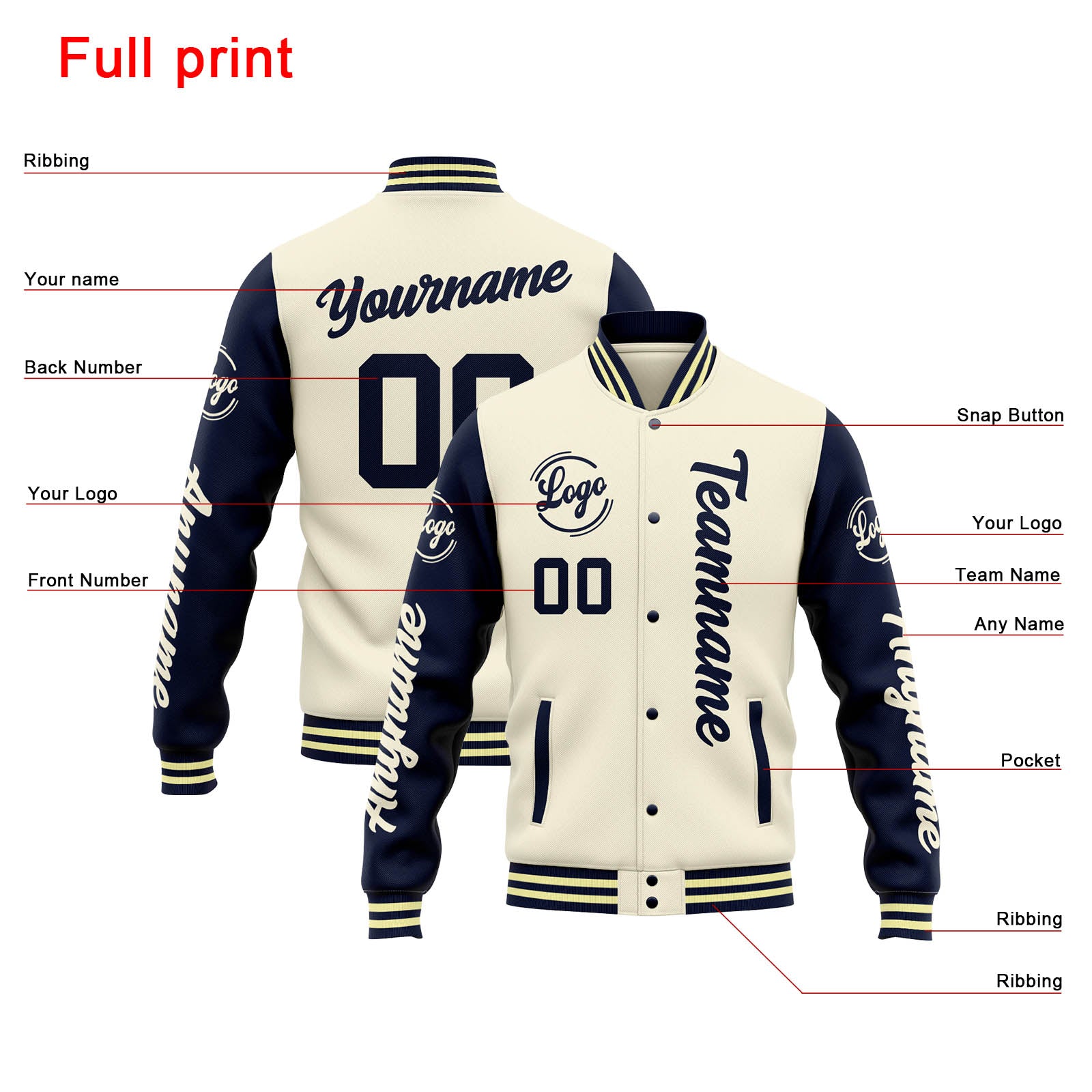 Custom Varsity Jacket Letterman Jacket For Men, Women And Youth Cream Navy