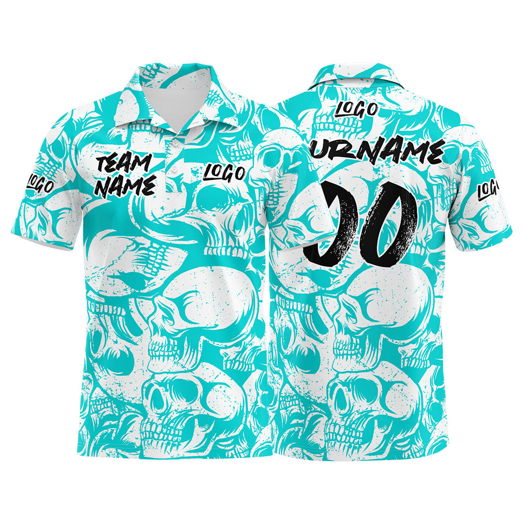 Custom Retro Skull-Light Blue&White Football Polo Shirts Add Your Unique Logo/Name/Number