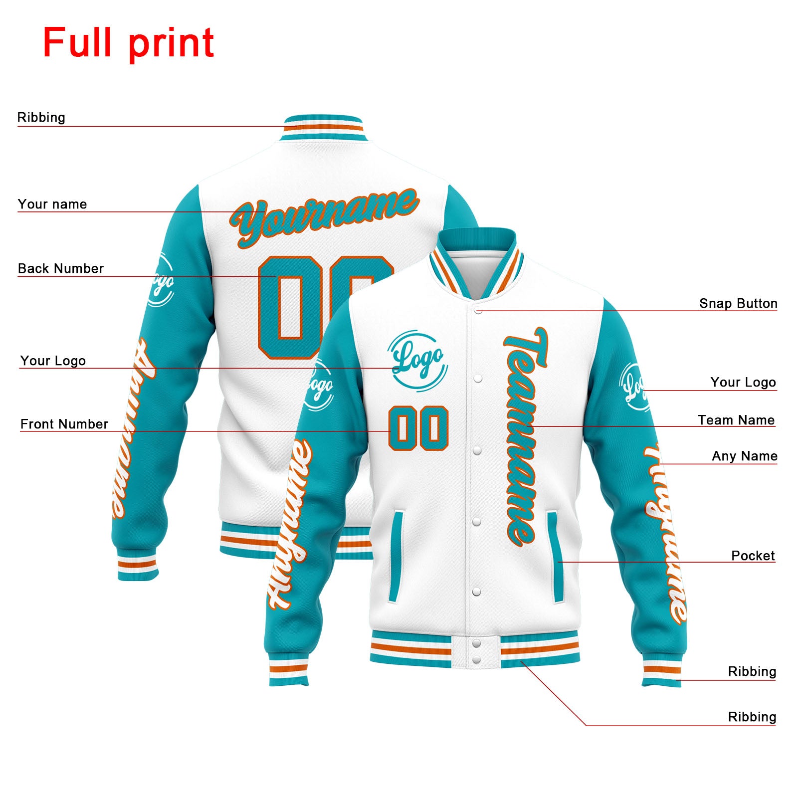 Custom Varsity Jacket Letterman Jacket For Men, Women And Youth White Teal