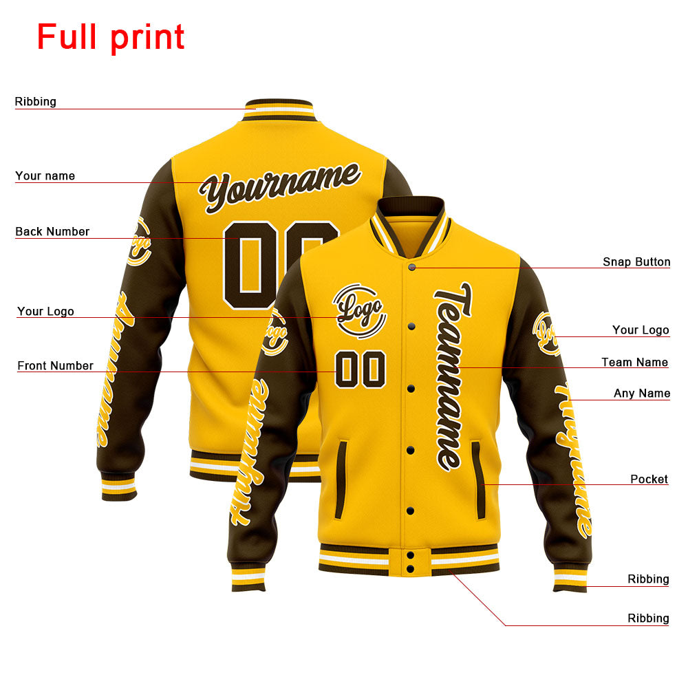 Custom Varsity Jacket Letterman Jacket For Men, Women And Youth Brown Yellow