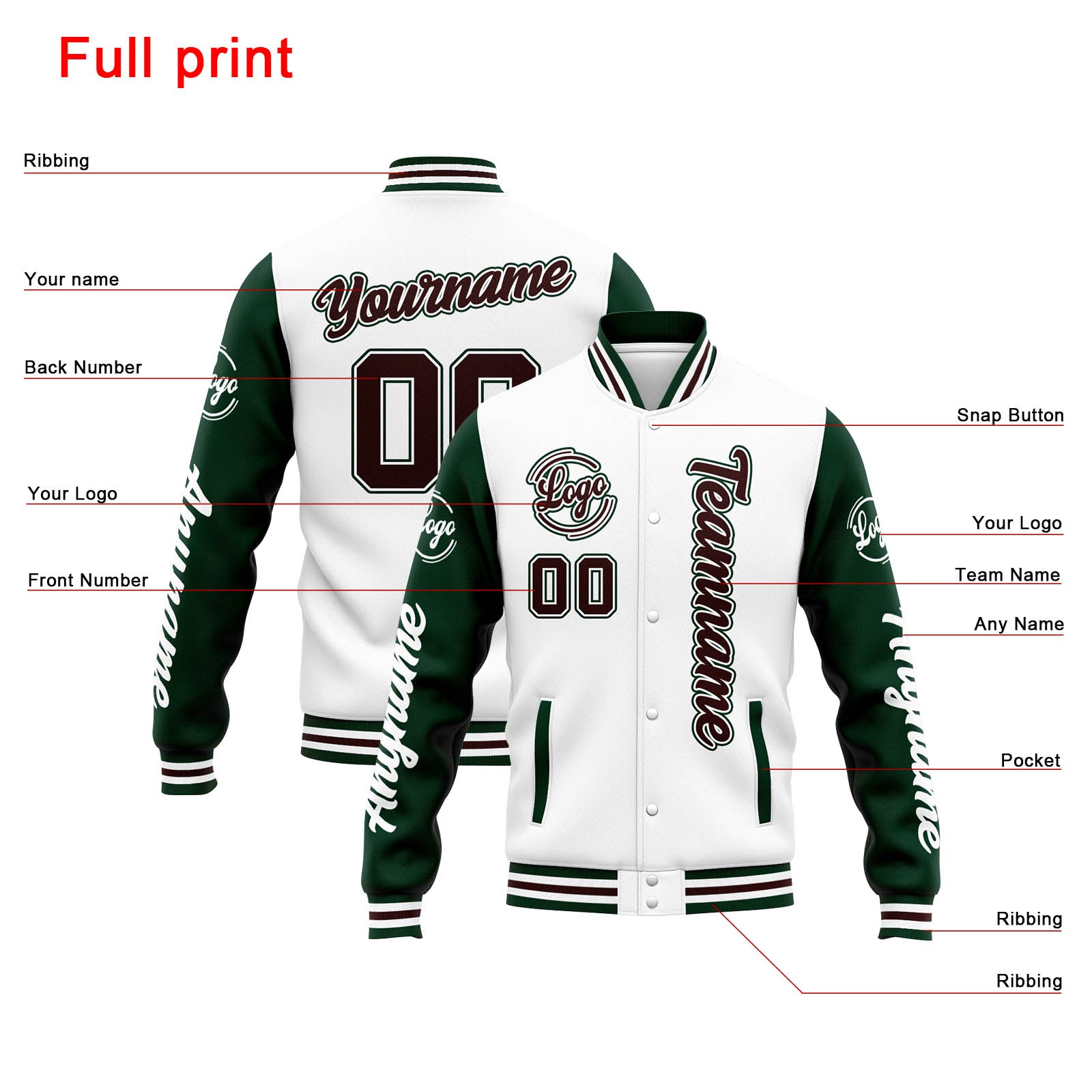 Custom Varsity Jacket Letterman Jacket For Men, Women And Youth White Green Brown