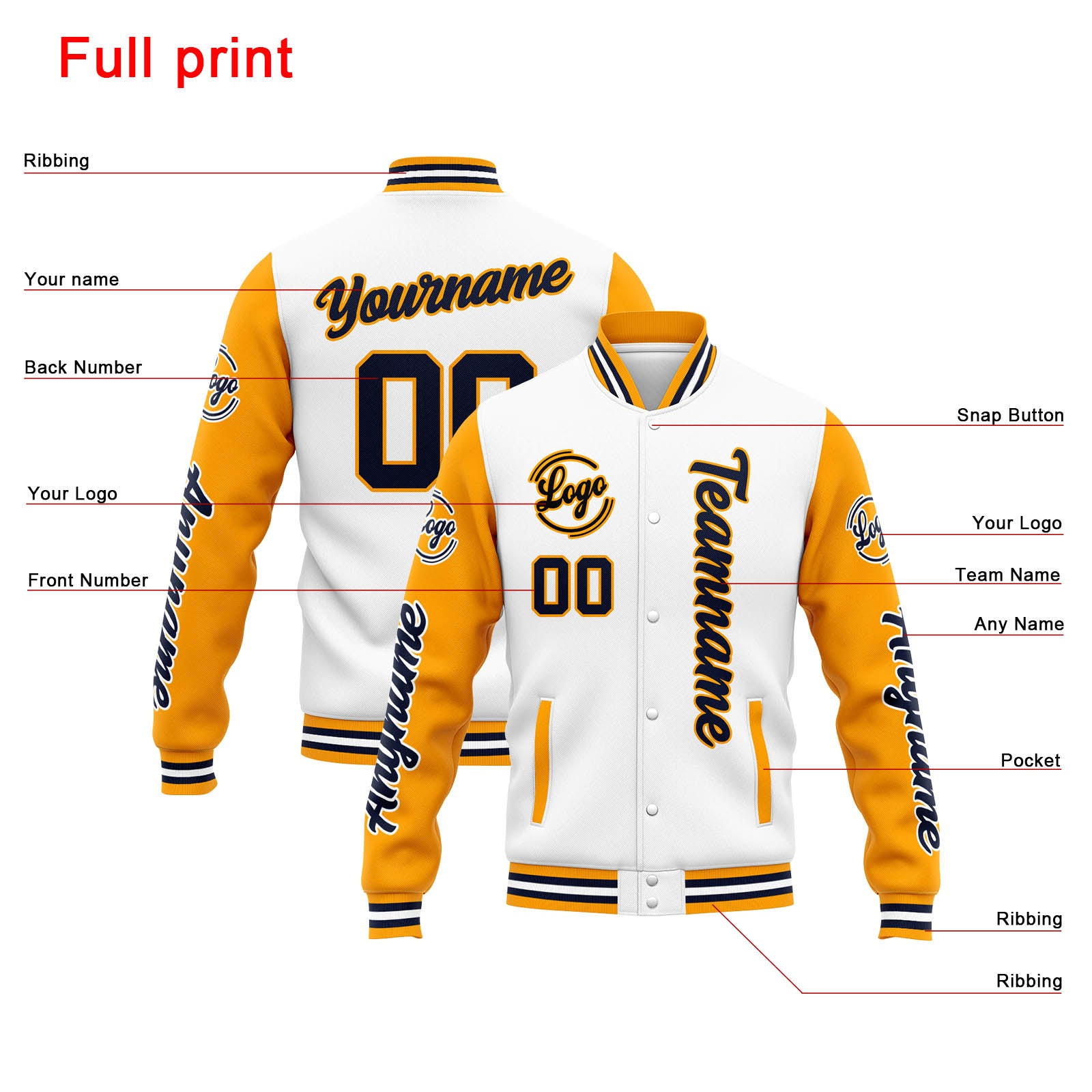 Custom Varsity Jacket Letterman Jacket For Men, Women And Youth White Orange Navy