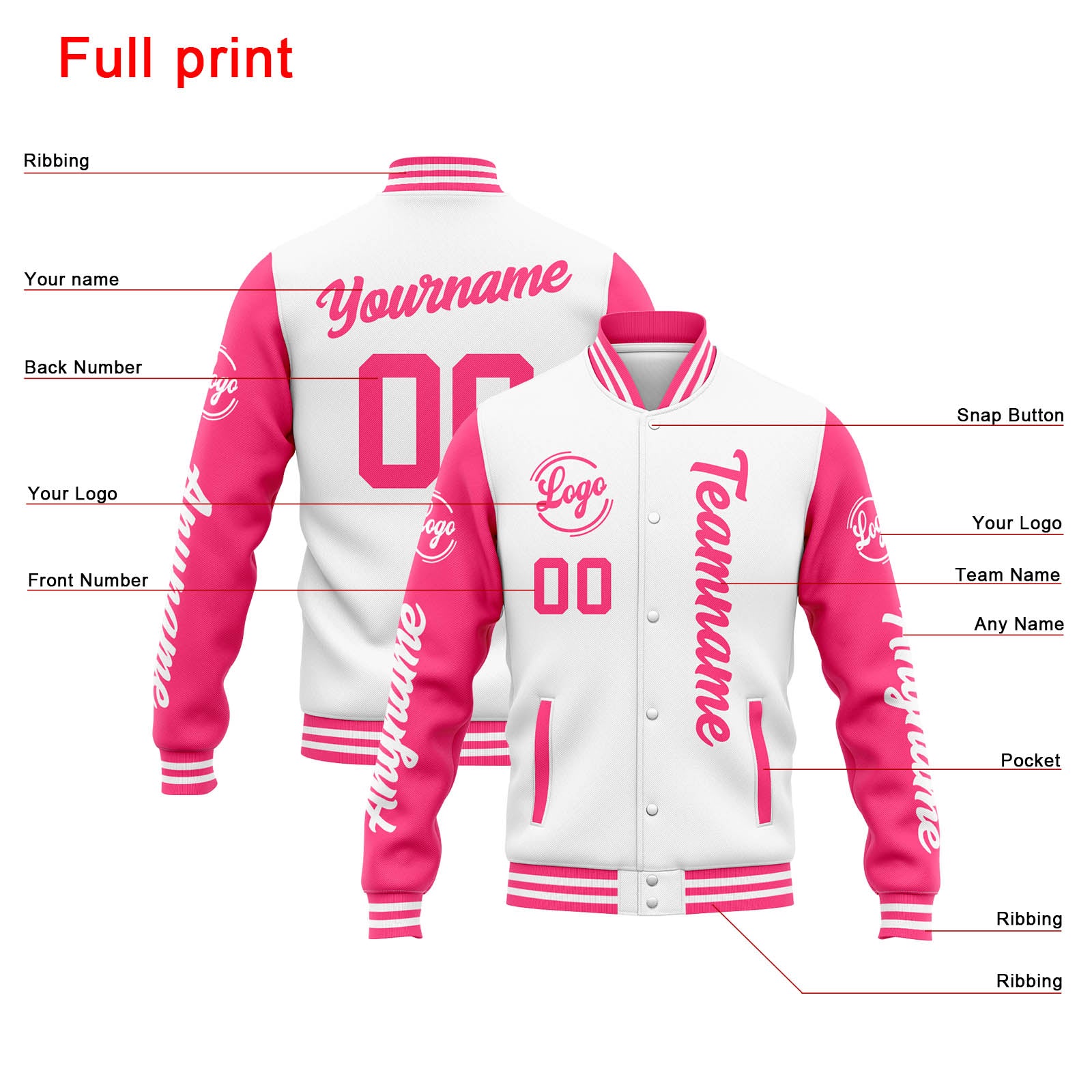 Custom Varsity Jacket Letterman Jacket For Men, Women And Youth White Pink