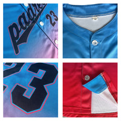 Custom Gradient Print Hip Hop Button Down Baseball Jersey Blue-Red