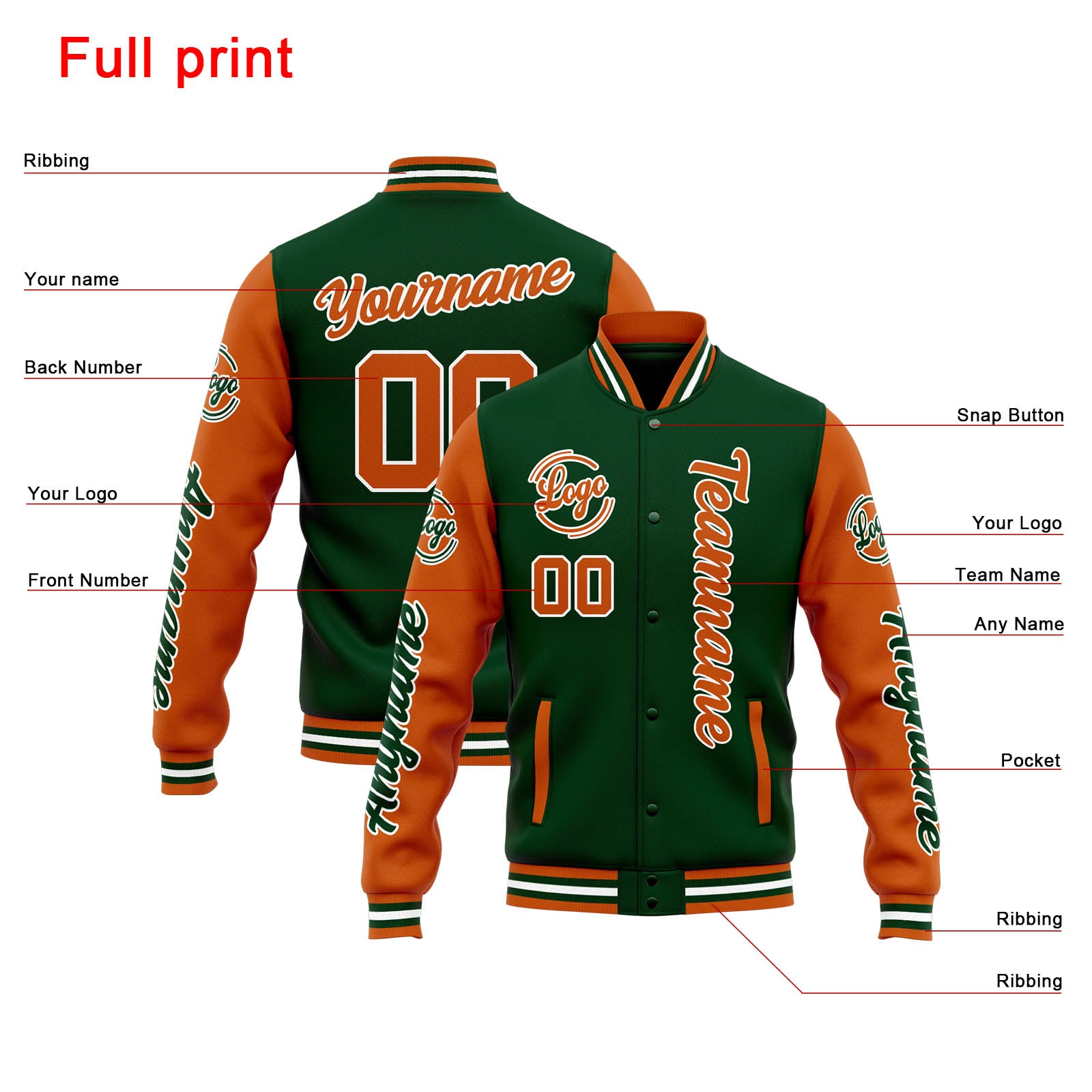 Custom Varsity Jacket Letterman Jacket For Men, Women And Youth Drak Green Orange