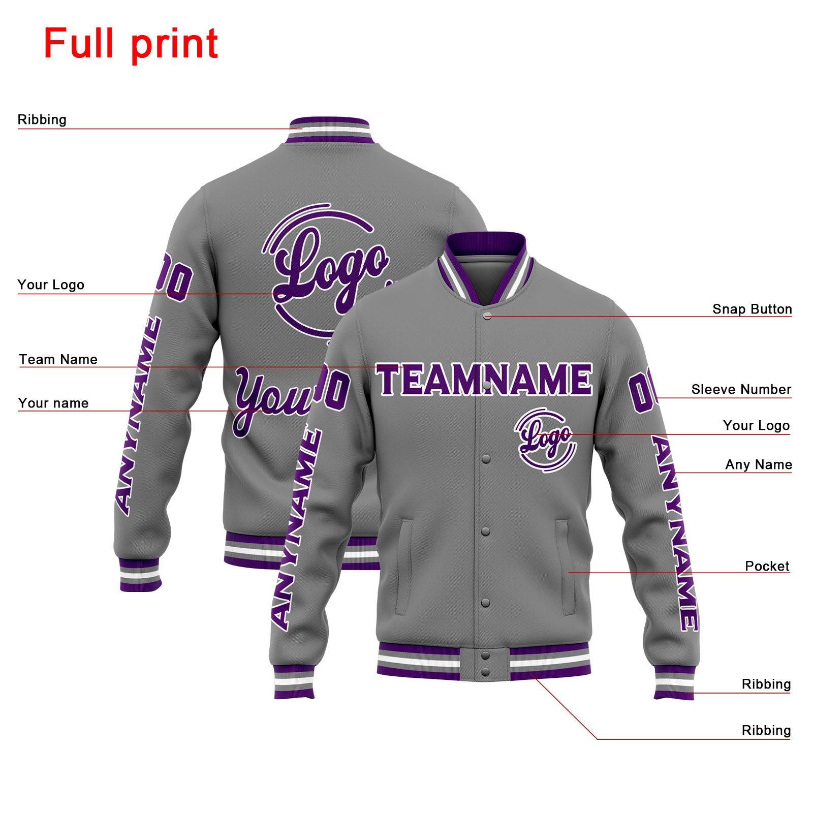 Custom Varsity Jacket Letterman Jacket For Men, Women And Youth Grey Purple