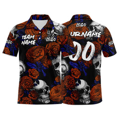 Custom Rose Skull-Orange Football Polo Shirts Add Your Unique Logo/Name/Number