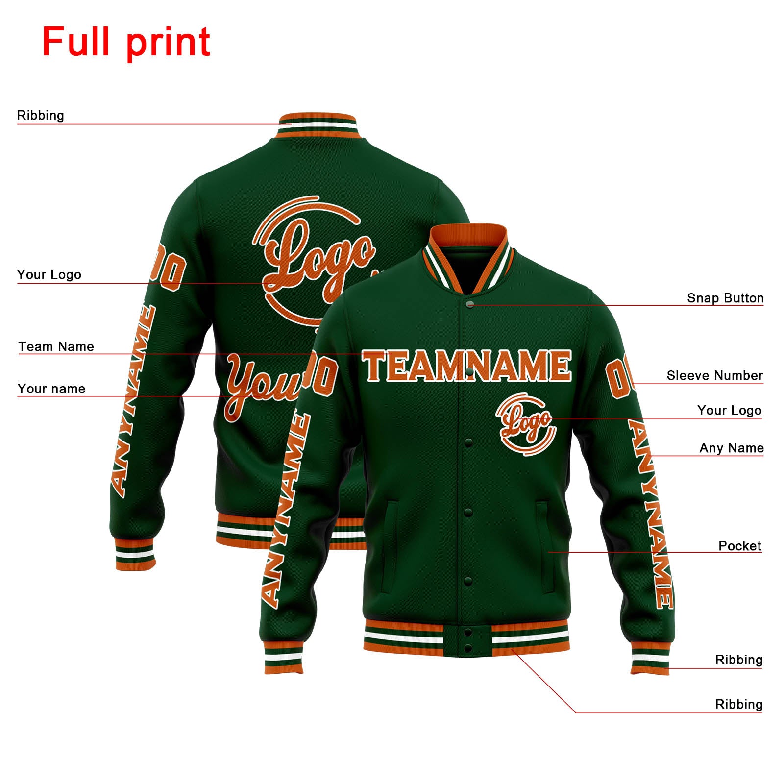 Custom Varsity Jacket Letterman Jacket For Men, Women And Youth Drak Green Orange