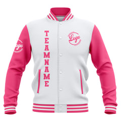 Custom White Pink Waterproof Varsity Jackets Personalized Stitched Name Number Logo to Letterman Jackets