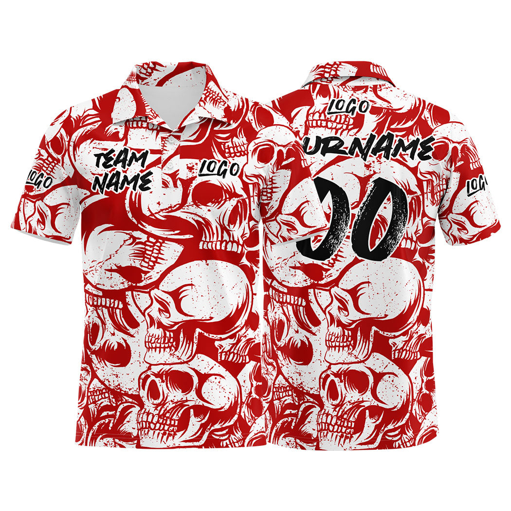 Custom Retro Skull-Red&White Football Polo Shirts Add Your Unique Logo/Name/Number