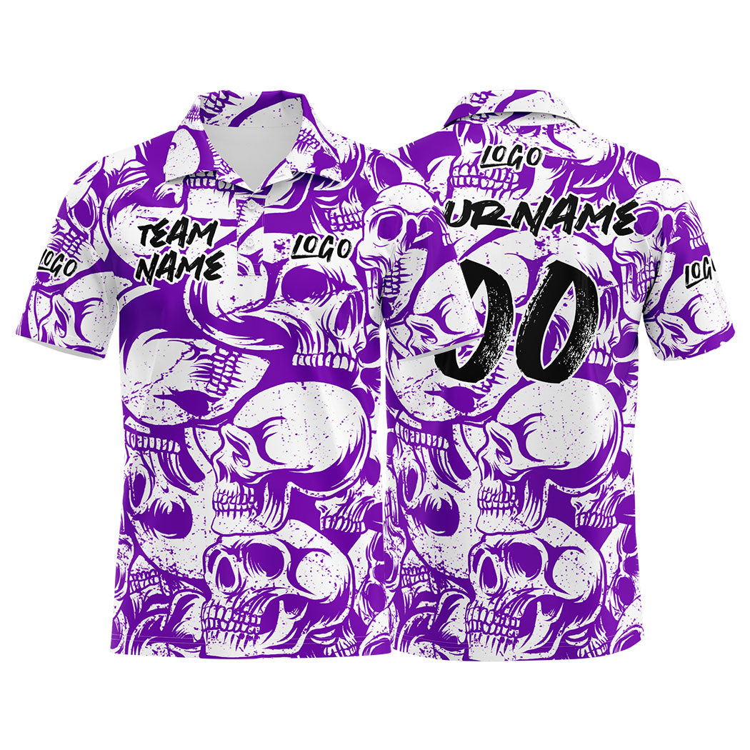 Custom Retro Skull-Purple&White Football Polo Shirts Add Your Unique Logo/Name/Number