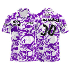 Custom Retro Skull-Purple&White Football Polo Shirts Add Your Unique Logo/Name/Number