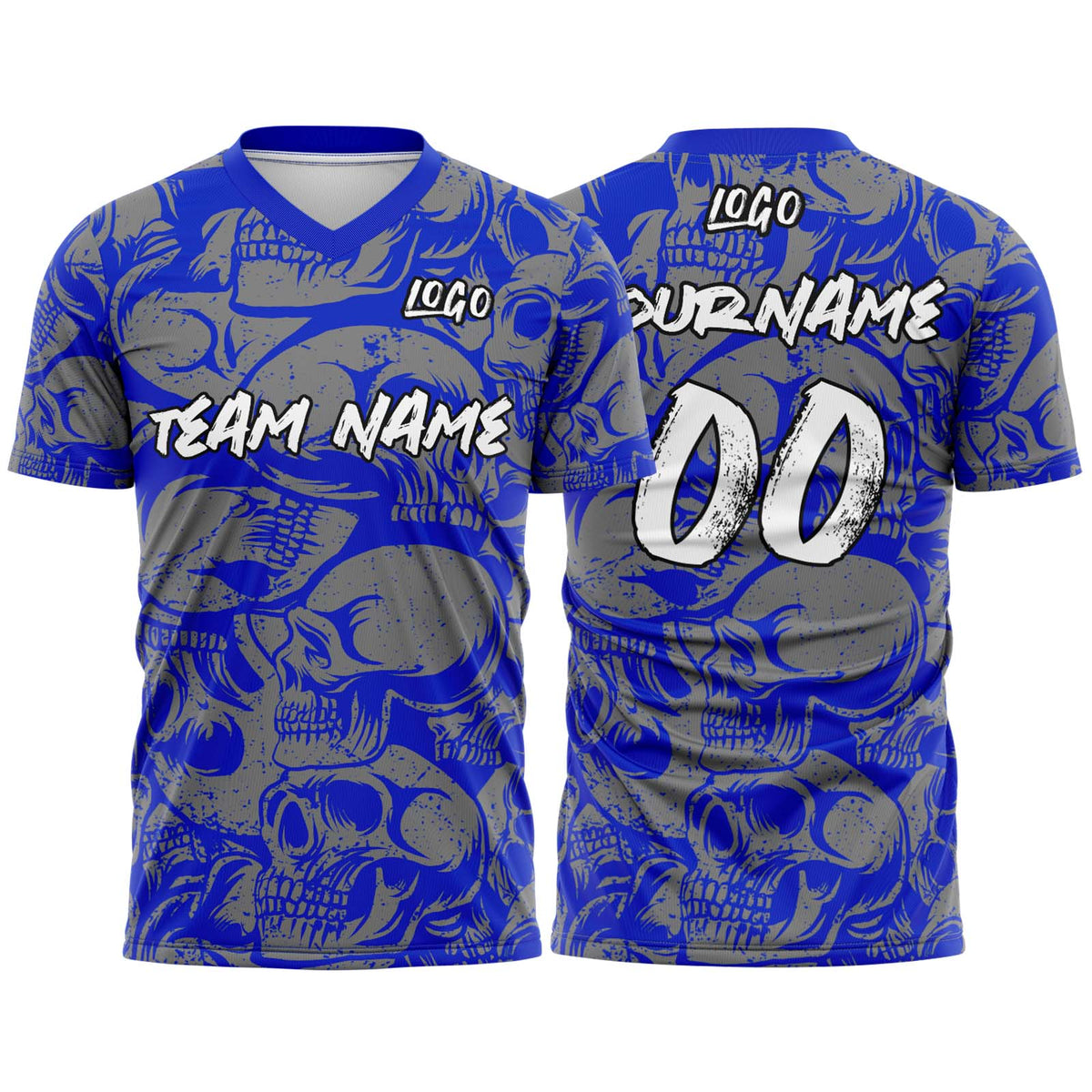 Custom Retro Skull-Royal&Grey T-Shirts for Sports Fans, Personalized Name and Number