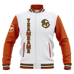 Custom White Orange Waterproof Varsity Jackets Personalized Stitched Name Number Logo to Letterman Jackets