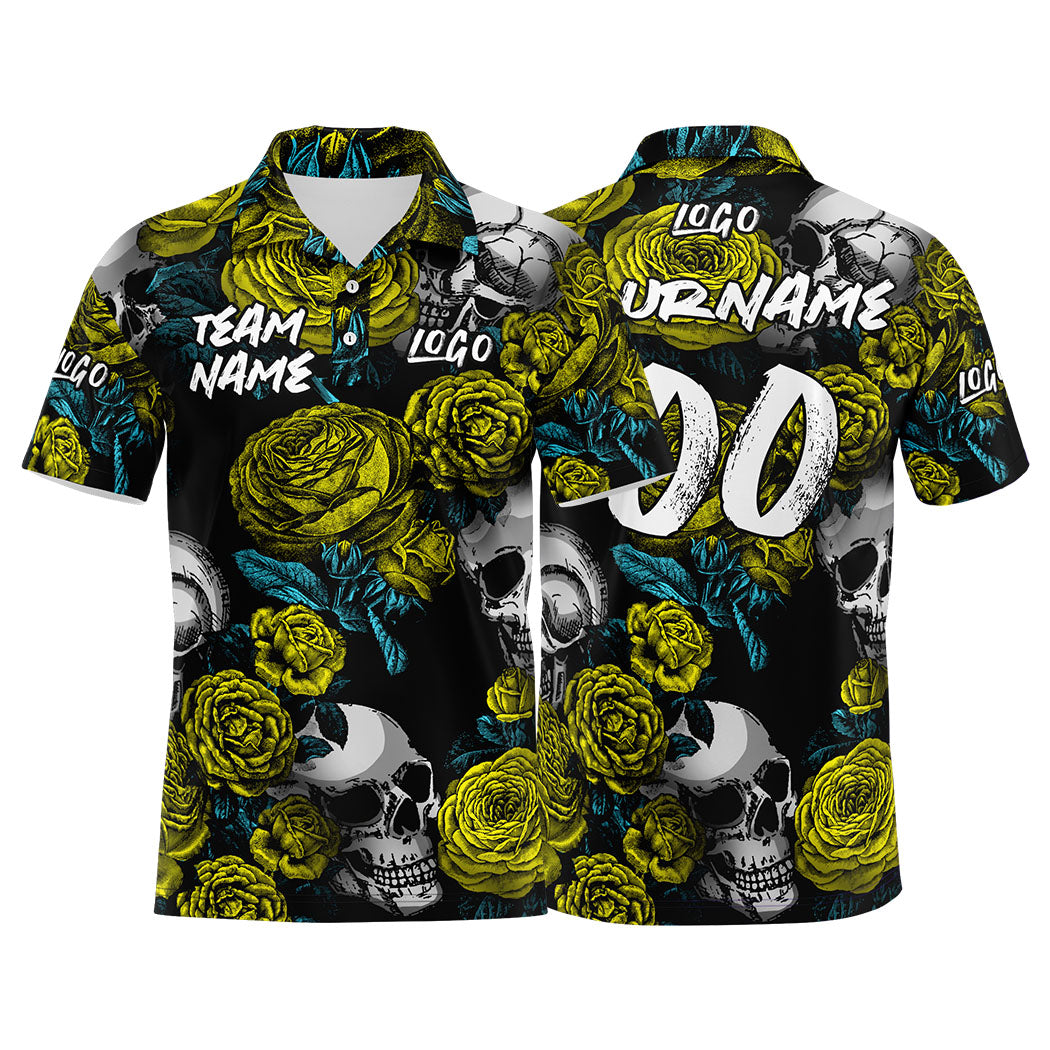 Custom Rose Skull-Yellow Football Polo Shirts Add Your Unique Logo/Name/Number