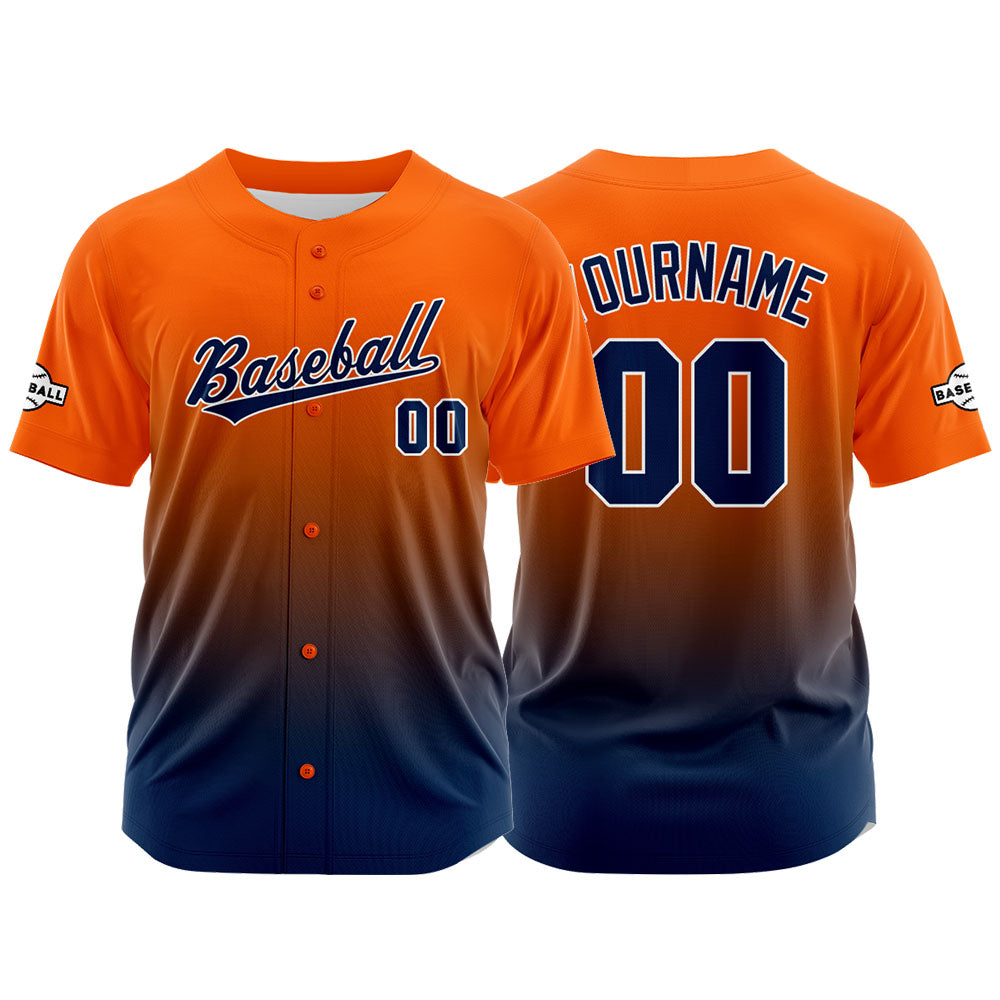 Custom Gradient Print Hip Hop Button Down Baseball Jersey Orange-Navy