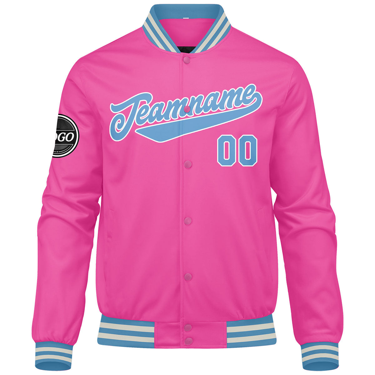 Custom Varsity Jacket Letterman Jacket For Men, Women And Youth Pink Light Blue