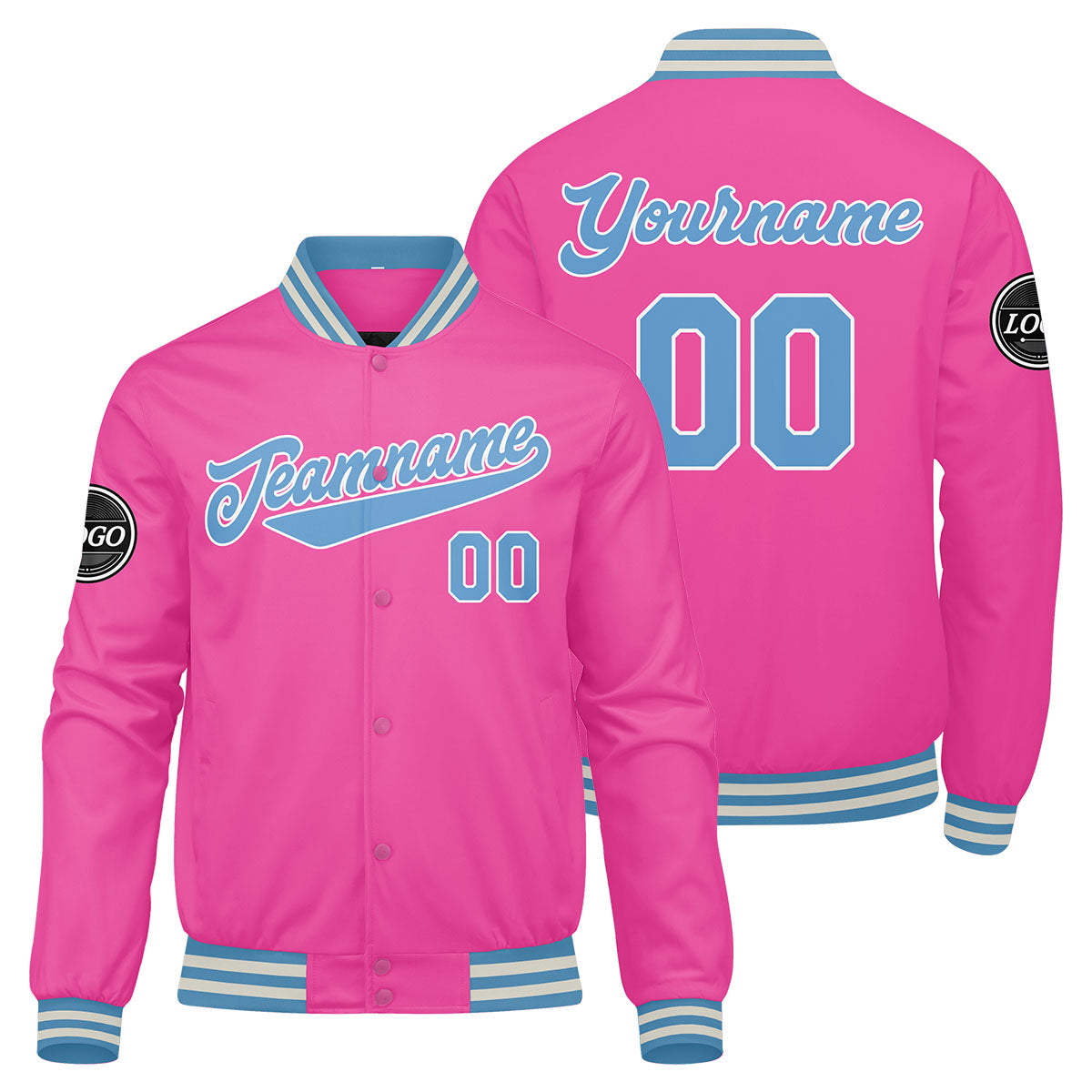 Custom Varsity Jacket Letterman Jacket For Men, Women And Youth Pink Light Blue