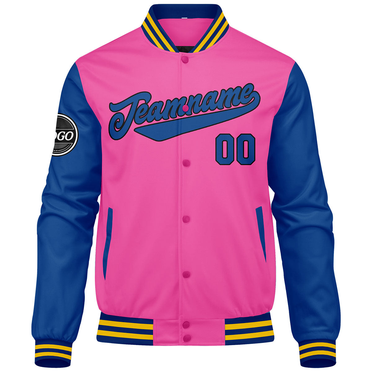 Custom Varsity Jacket Letterman Jacket For Men, Women And Youth Pink Royal Yellow