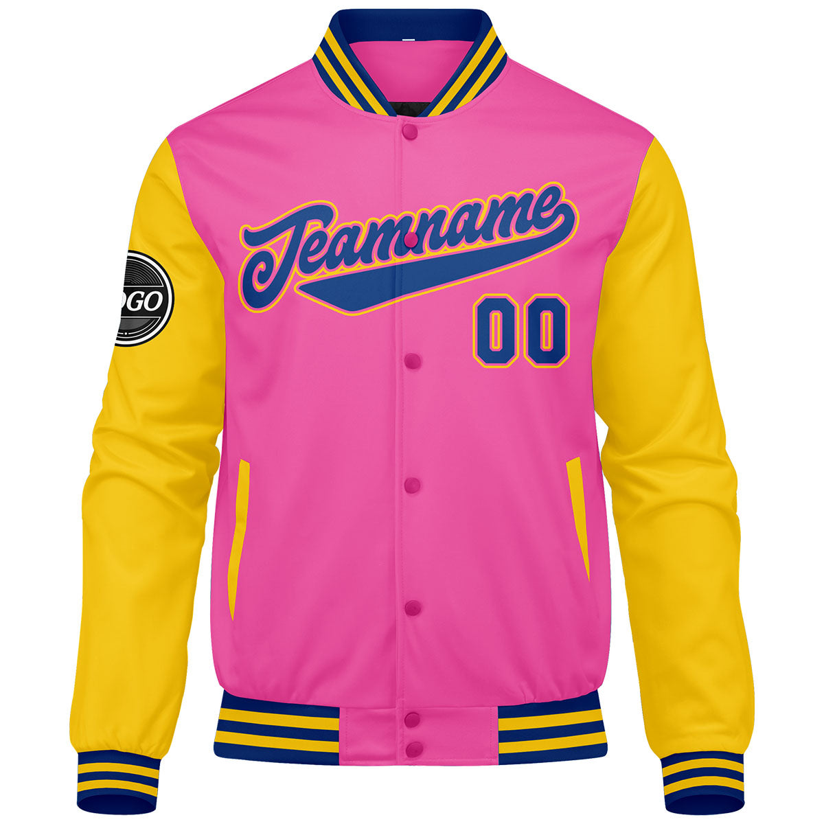 Custom Varsity Jacket Letterman Jacket For Men, Women And Youth Pink Yellow Royal