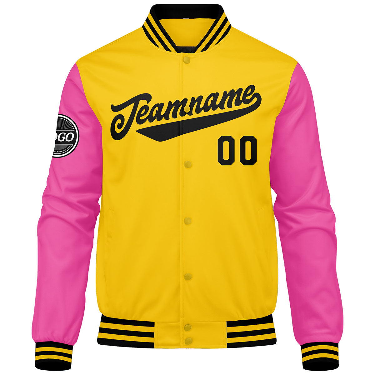 Custom Varsity Jacket Letterman Jacket For Men, Women And Youth Yellow Pink Black