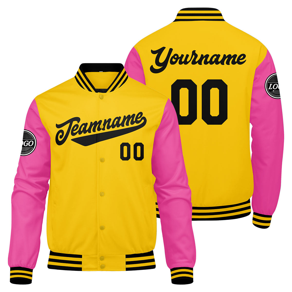 Custom Varsity Jacket Letterman Jacket For Men, Women And Youth Yellow Pink Black