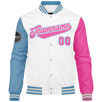 Custom Varsity Jacket Letterman Jacket For Men, Women And Youth White Light Blue Pink