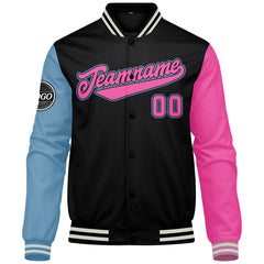 Custom Varsity Jacket Letterman Jacket For Men, Women And Youth Black Light Blue Pink