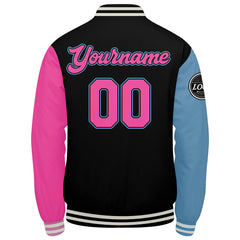 Custom Varsity Jacket Letterman Jacket For Men, Women And Youth Black Light Blue Pink