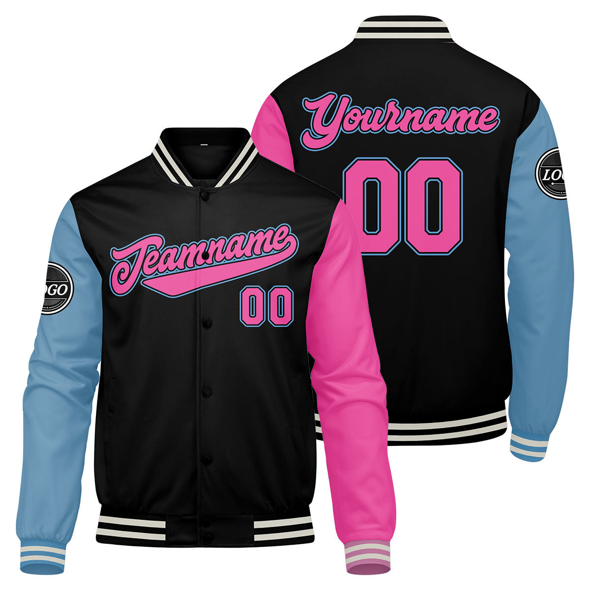 Custom Varsity Jacket Letterman Jacket For Men, Women And Youth Black Light Blue Pink