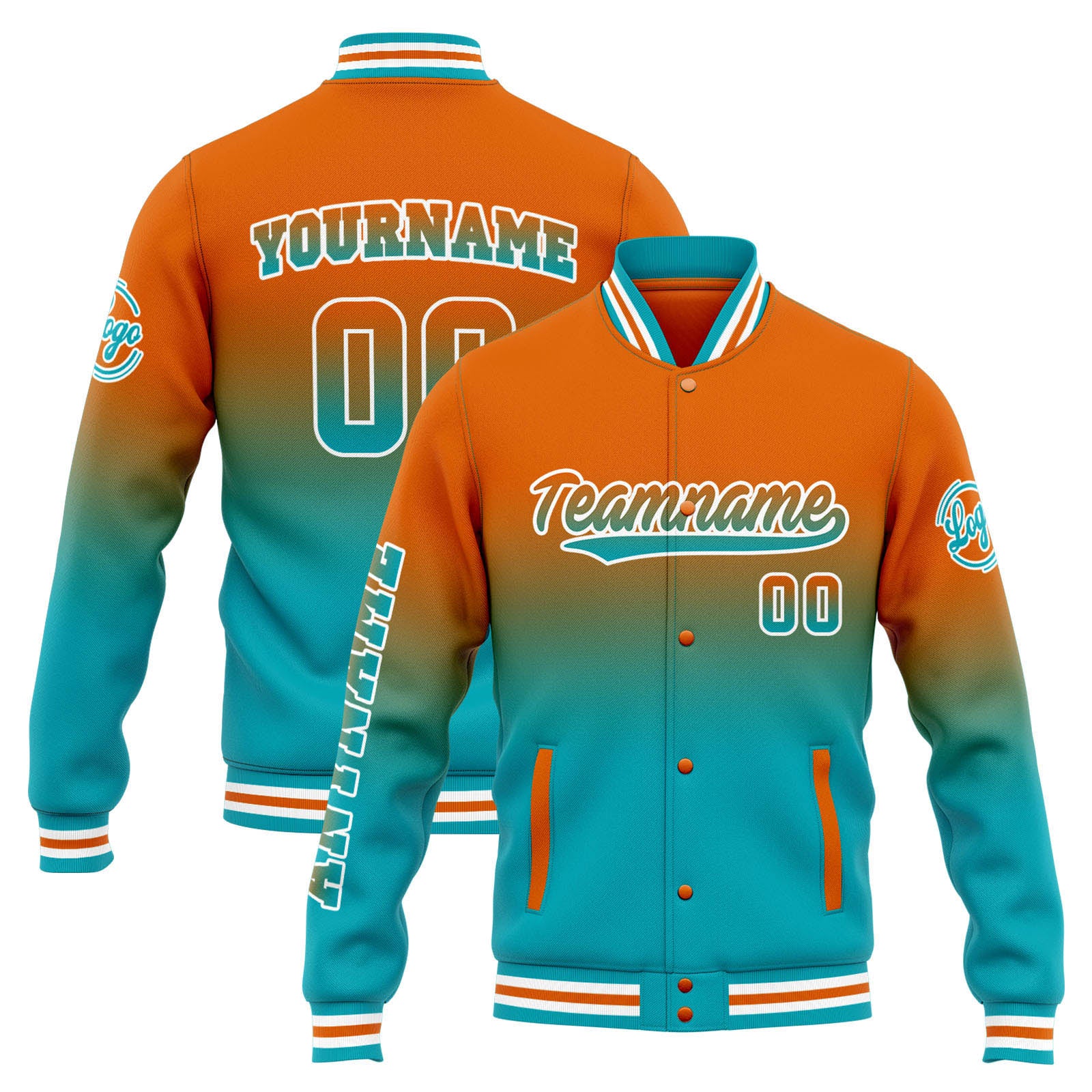 Custom Varsity Jacket Letterman Jacket For Men, Women And Youth Orange Teal Gradient