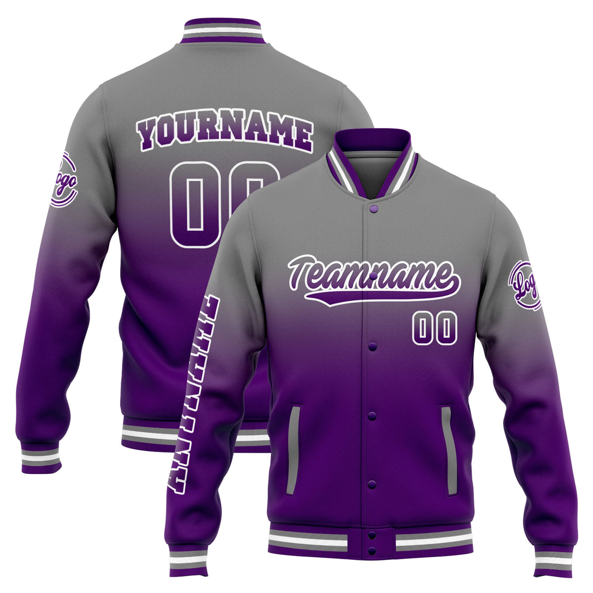 Custom Varsity Jacket Letterman Jacket For Men, Women And Youth Grey Purple Gradient