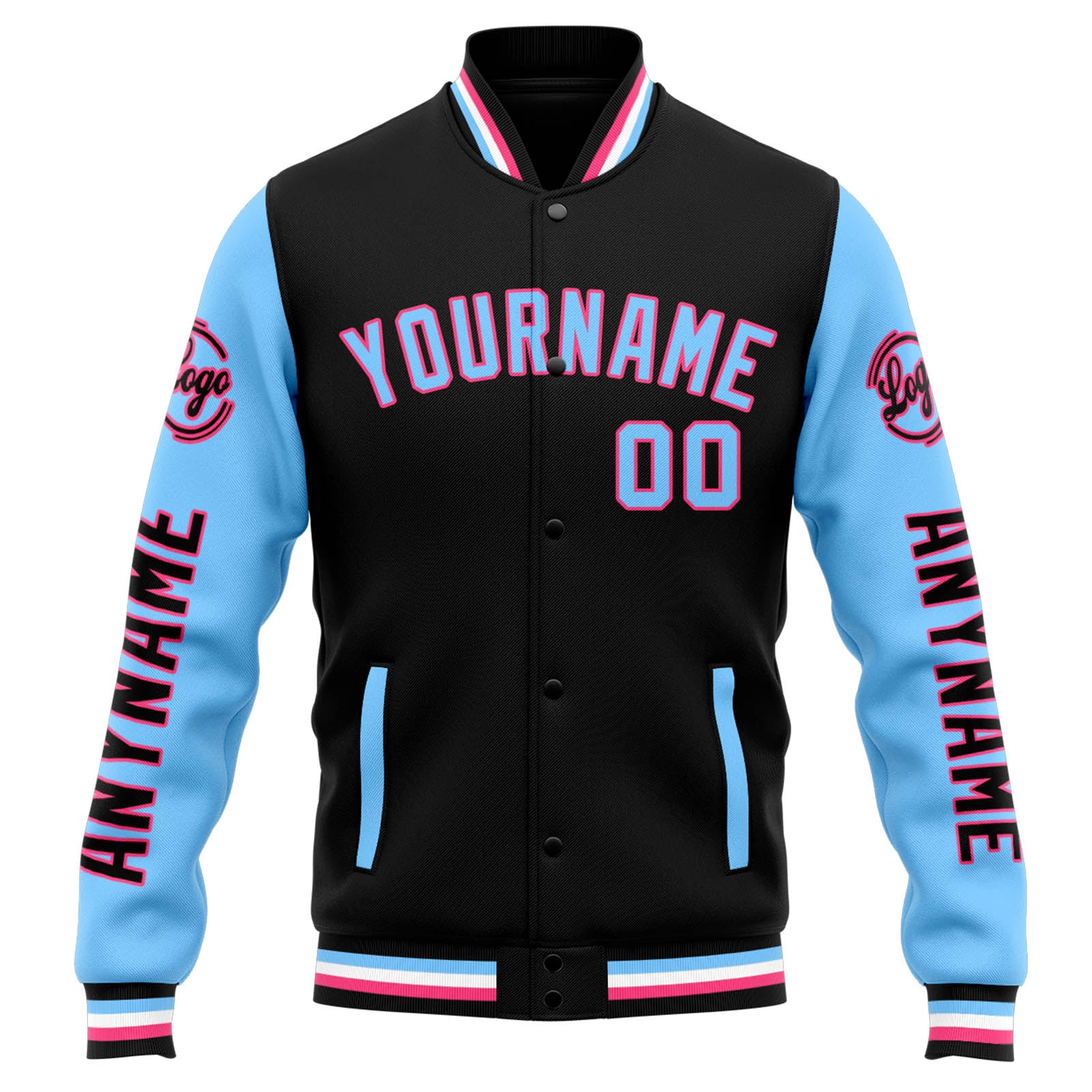 Custom Varsity Jacket Letterman Jacket For Men, Women And Youth Black Light Blue