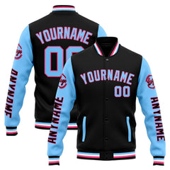 Custom Varsity Jacket Letterman Jacket For Men, Women And Youth Black Light Blue