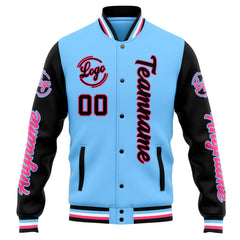 Custom Varsity Jacket Letterman Jacket For Men, Women And Youth Light Blue Black